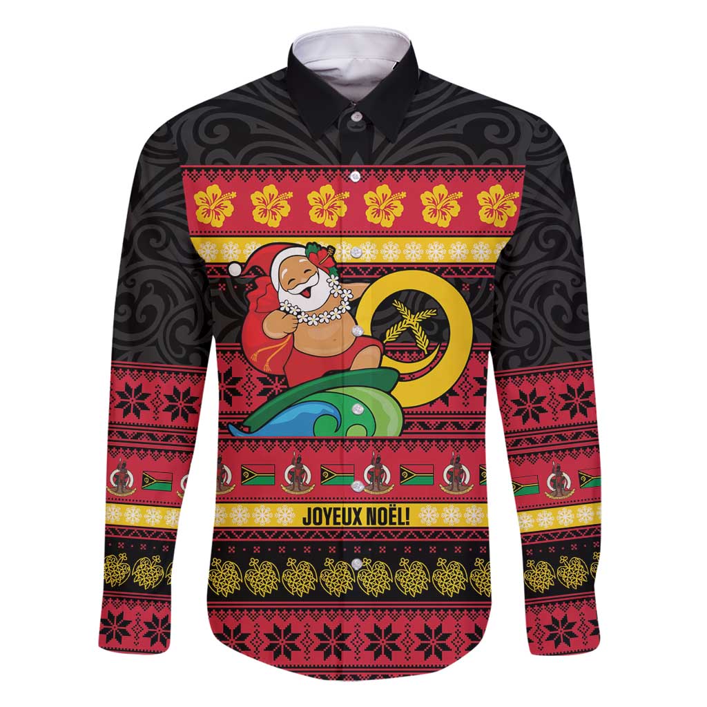 Vanuatu Christmas Family Matching Off Shoulder Short Dress and Hawaiian Shirt Joyeux Noel Surfing Santa With Boar Tusk LT14 Dad's Shirt - Long Sleeve Red - Polynesian Pride