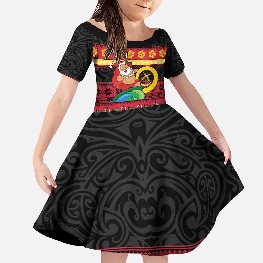 Vanuatu Christmas Family Matching Short Sleeve Bodycon Dress and Hawaiian Shirt Joyeux Noel Surfing Santa With Boar Tusk LT14 Daughter's Dress Red - Polynesian Pride