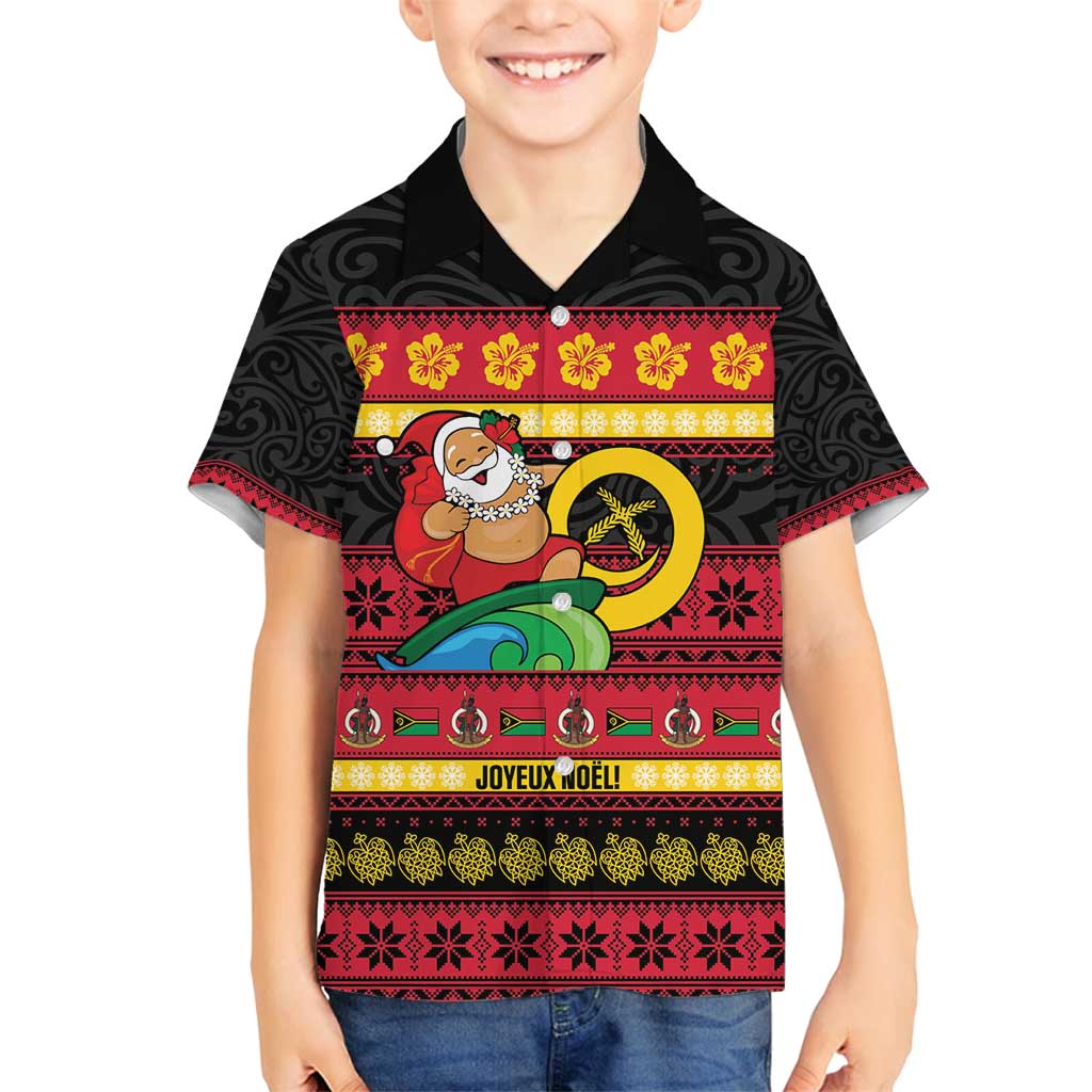 Vanuatu Christmas Family Matching Summer Maxi Dress and Hawaiian Shirt Joyeux Noel Surfing Santa With Boar Tusk LT14 Son's Shirt Red - Polynesian Pride