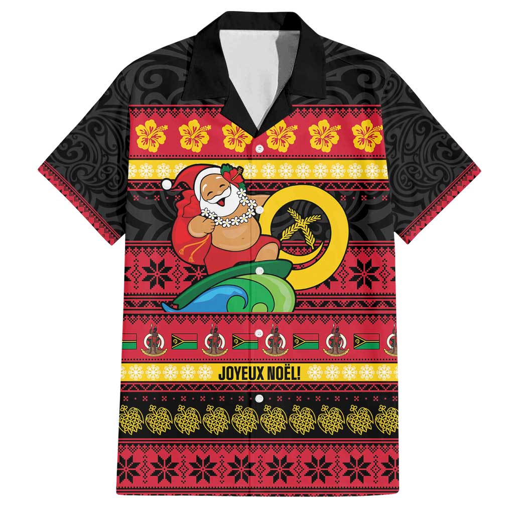 Vanuatu Christmas Family Matching Tank Maxi Dress and Hawaiian Shirt Joyeux Noel Surfing Santa With Boar Tusk LT14 Dad's Shirt - Short Sleeve Red - Polynesian Pride