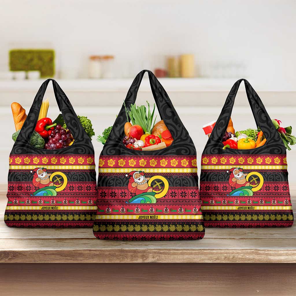 Vanuatu Christmas Grocery Bag Joyeux Noel Surfing Santa With Boar Tusk - Polynesian Pride