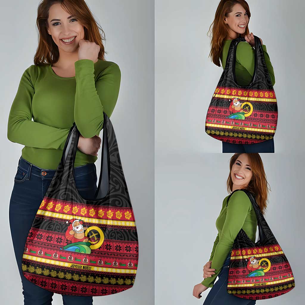 Vanuatu Christmas Grocery Bag Joyeux Noel Surfing Santa With Boar Tusk - Polynesian Pride