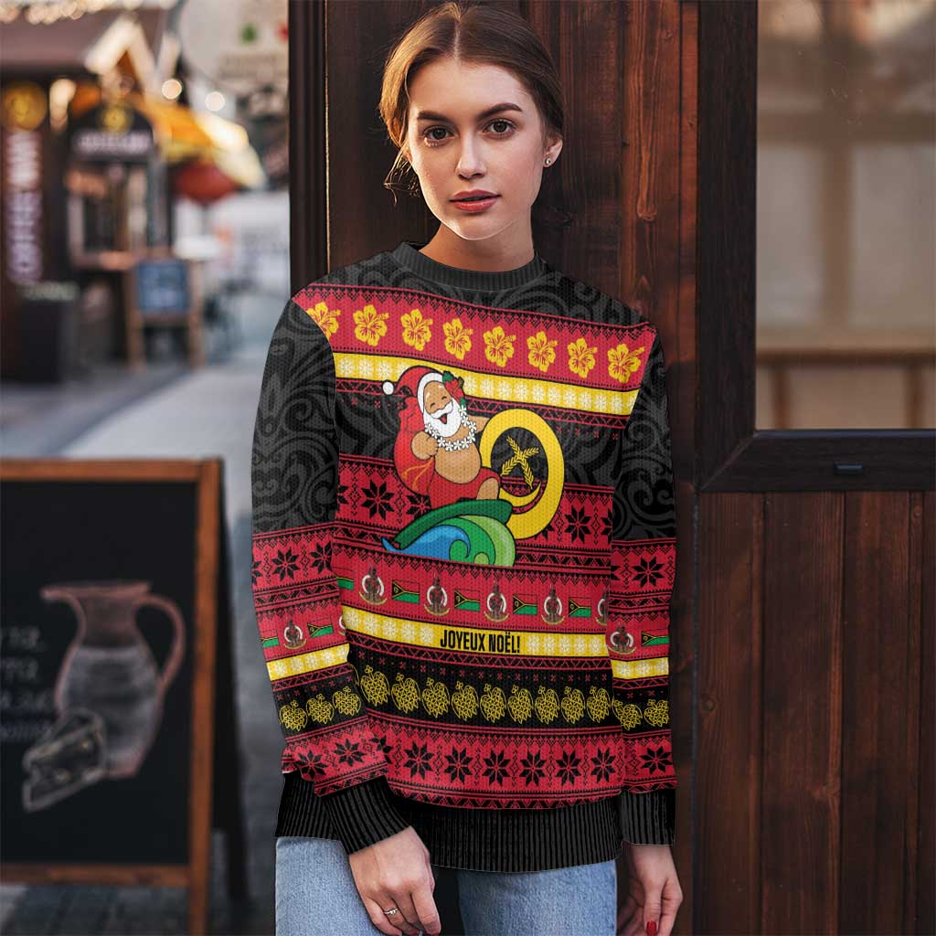 Vanuatu Christmas Ugly Christmas Sweater Joyeux Noel Surfing Santa With Boar Tusk - Polynesian Pride