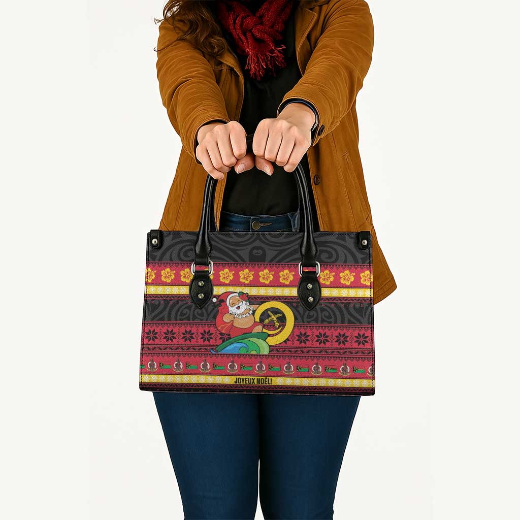 Vanuatu Christmas Leather Bag Joyeux Noel Surfing Santa With Boar Tusk - Polynesian Pride