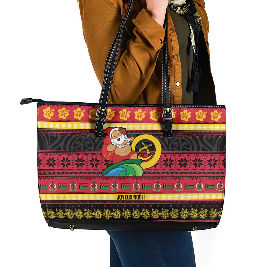 Vanuatu Christmas Leather Tote Bag Joyeux Noel Surfing Santa With Boar Tusk - Polynesian Pride