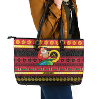 Vanuatu Christmas Leather Tote Bag Joyeux Noel Surfing Santa With Boar Tusk - Polynesian Pride