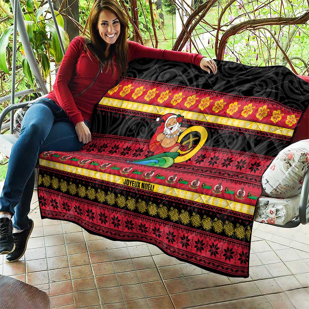 Vanuatu Christmas Quilt Joyeux Noel Surfing Santa With Boar Tusk - Polynesian Pride
