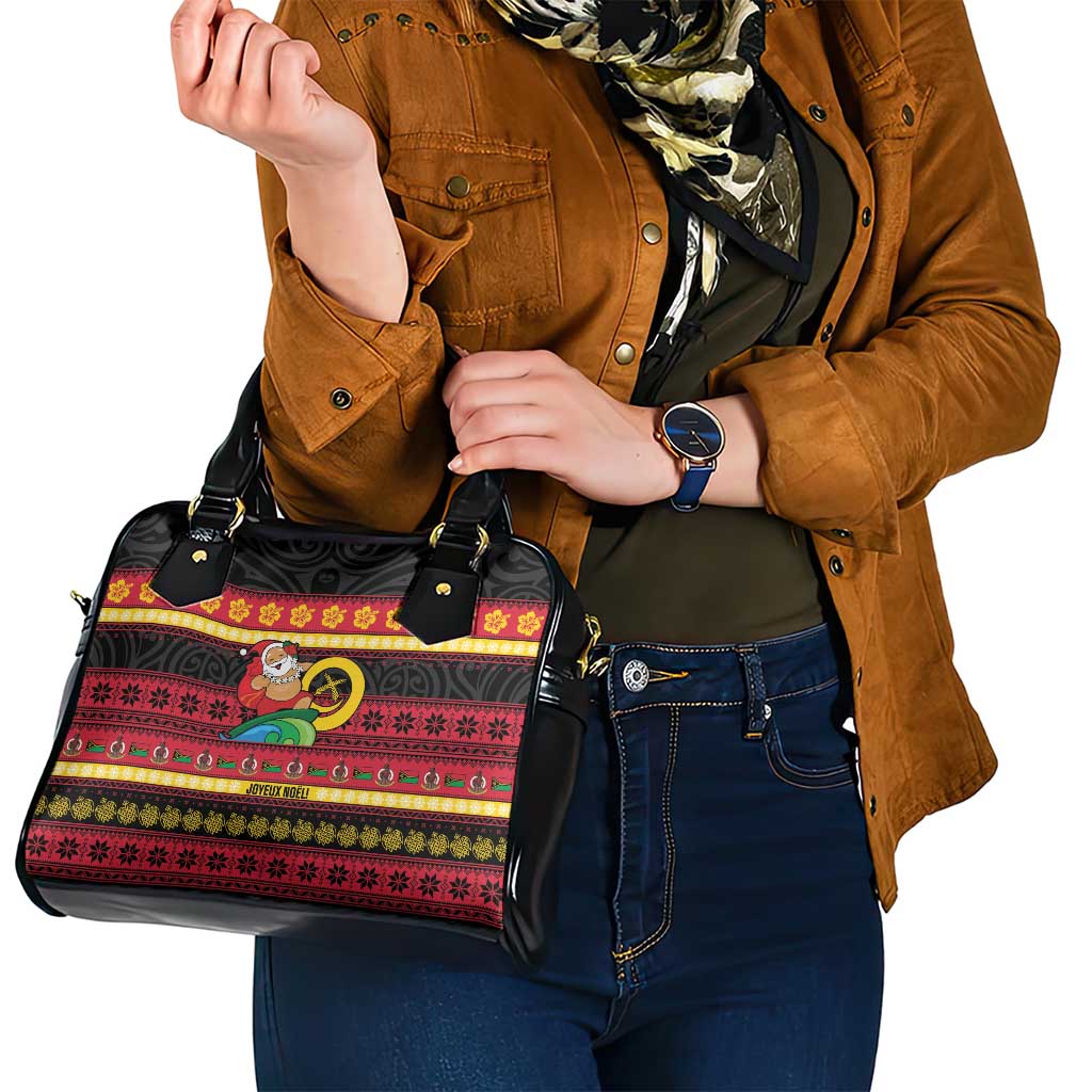 Vanuatu Christmas Shoulder Handbag Joyeux Noel Surfing Santa With Boar Tusk - Polynesian Pride