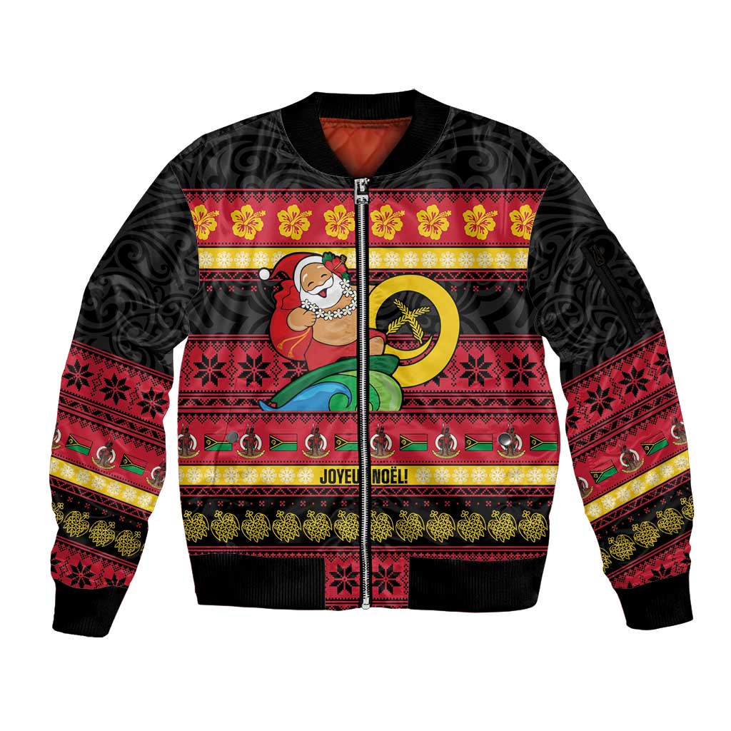 Vanuatu Christmas Sleeve Zip Bomber Jacket Joyeux Noel Surfing Santa With Boar Tusk LT14 Unisex Red - Polynesian Pride