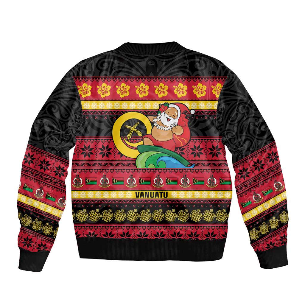 Vanuatu Christmas Sleeve Zip Bomber Jacket Joyeux Noel Surfing Santa With Boar Tusk LT14 - Polynesian Pride