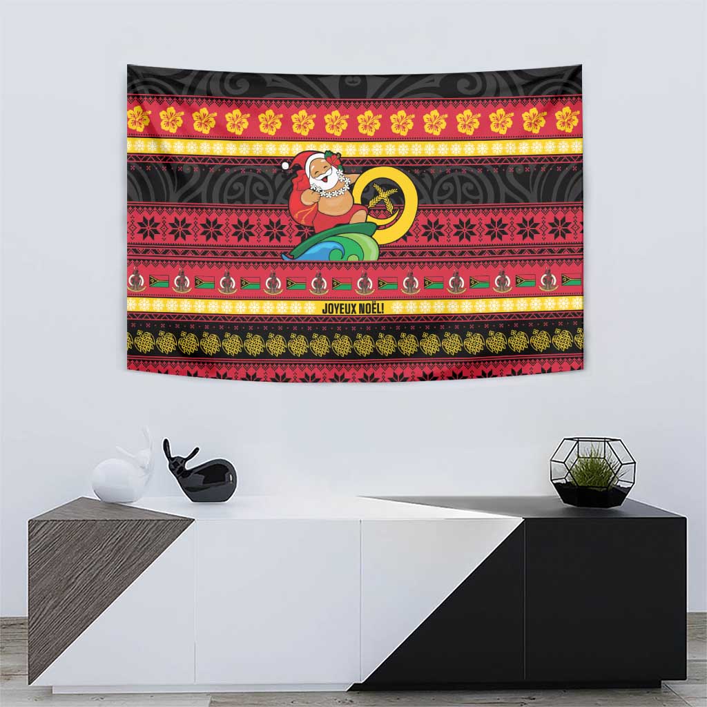 Vanuatu Christmas Tapestry Joyeux Noel Surfing Santa With Boar Tusk - Polynesian Pride