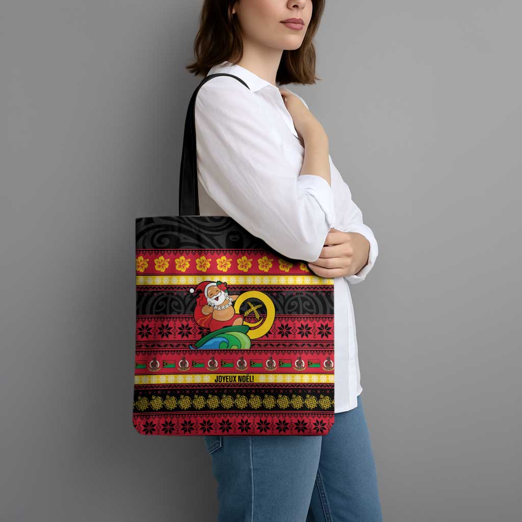 Vanuatu Christmas Tote Bag Joyeux Noel Surfing Santa With Boar Tusk - Polynesian Pride