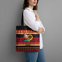 Vanuatu Christmas Tote Bag Joyeux Noel Surfing Santa With Boar Tusk - Polynesian Pride