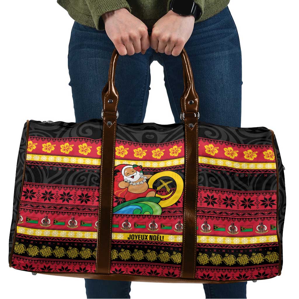 Vanuatu Christmas Travel Bag Joyeux Noel Surfing Santa With Boar Tusk - Polynesian Pride