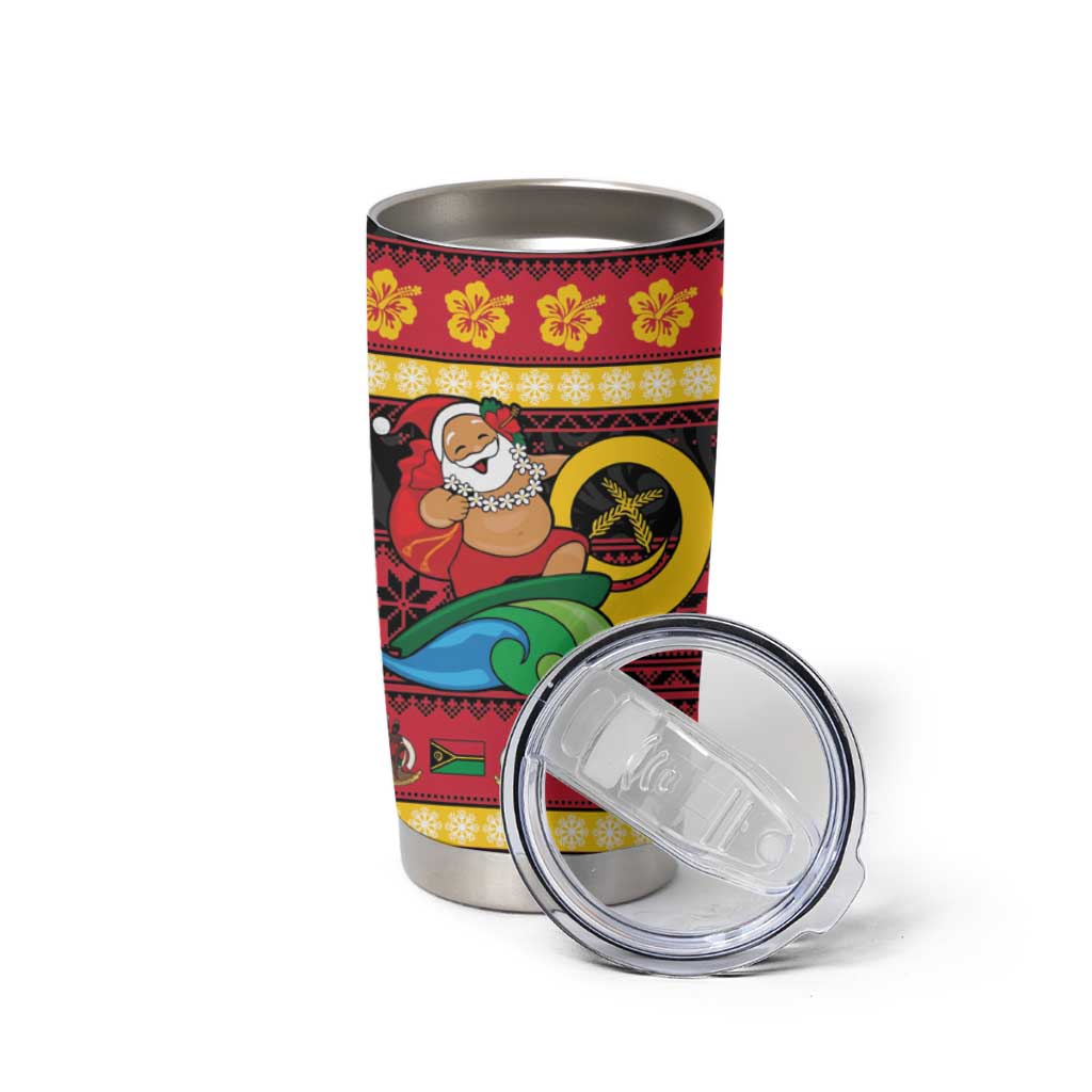 Vanuatu Christmas Tumbler Cup Joyeux Noel Surfing Santa With Boar Tusk - Polynesian Pride