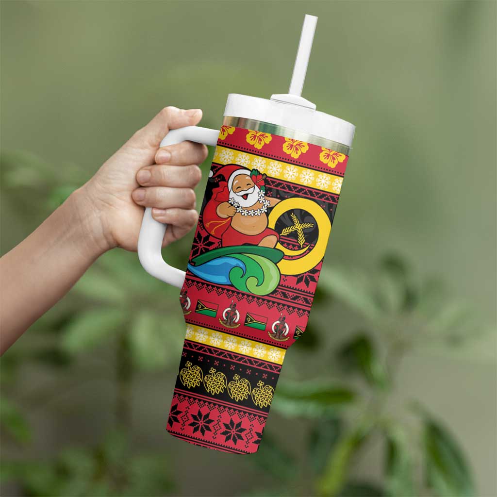 Vanuatu Christmas Tumbler With Handle Joyeux Noel Surfing Santa With Boar Tusk - Polynesian Pride
