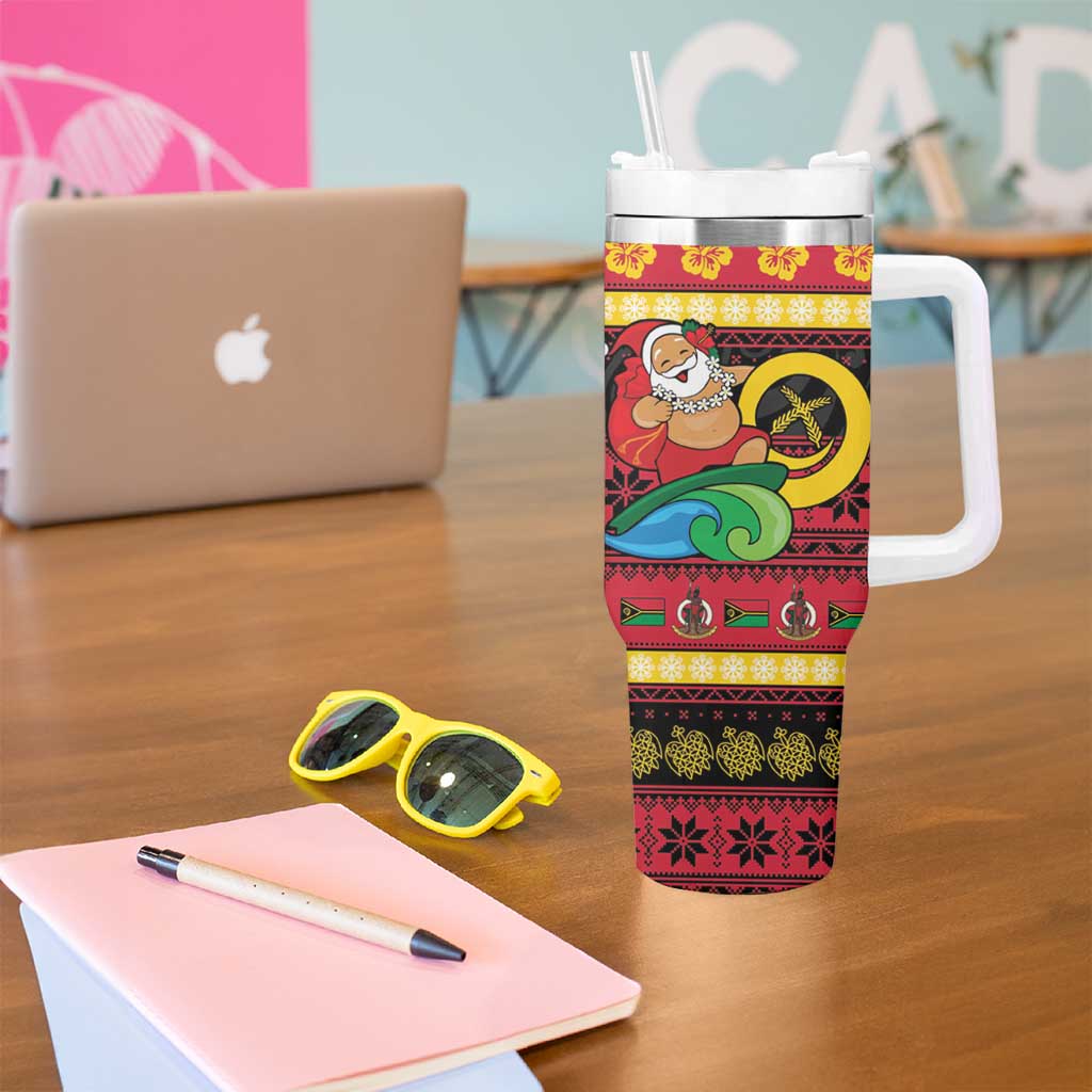 Vanuatu Christmas Tumbler With Handle Joyeux Noel Surfing Santa With Boar Tusk - Polynesian Pride
