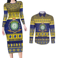 Niue Christmas Couples Matching Long Sleeve Bodycon Dress and Long Sleeve Button Shirt Monuina e Kilisimasi Hiapo Motifs LT14 Blue - Polynesian Pride