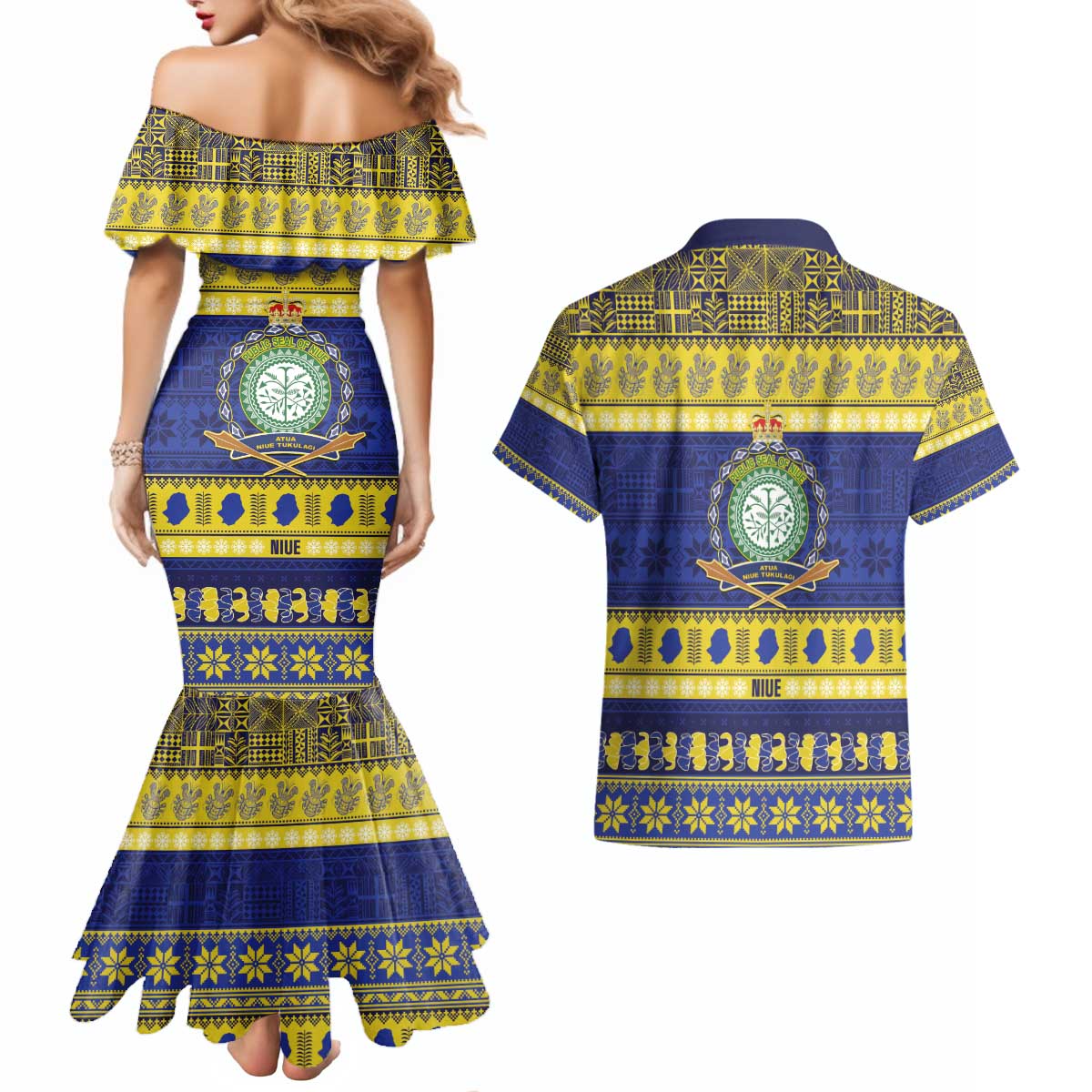 Niue Christmas Couples Matching Mermaid Dress and Hawaiian Shirt Monuina e Kilisimasi Hiapo Motifs LT14 - Polynesian Pride