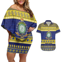 Niue Christmas Couples Matching Off Shoulder Short Dress and Hawaiian Shirt Monuina e Kilisimasi Hiapo Motifs LT14 Blue - Polynesian Pride