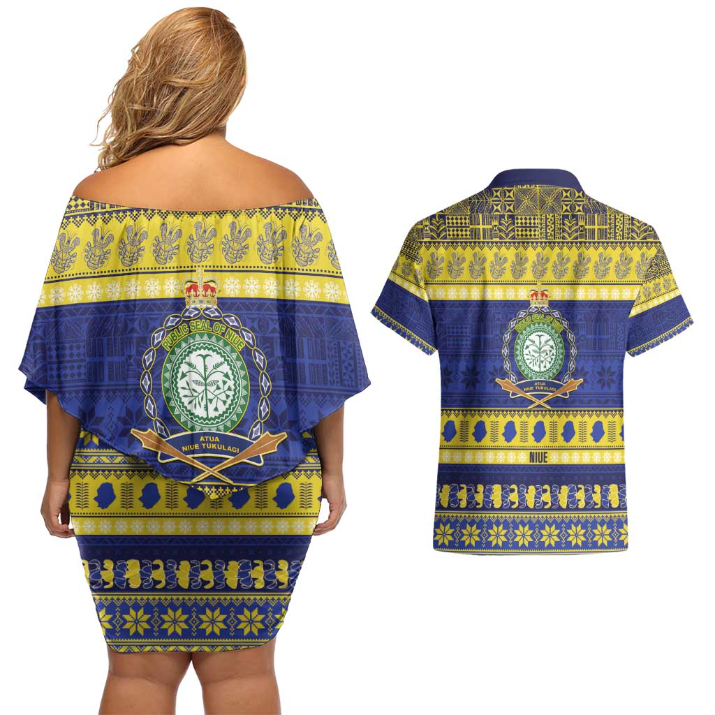 Niue Christmas Couples Matching Off Shoulder Short Dress and Hawaiian Shirt Monuina e Kilisimasi Hiapo Motifs LT14 - Polynesian Pride