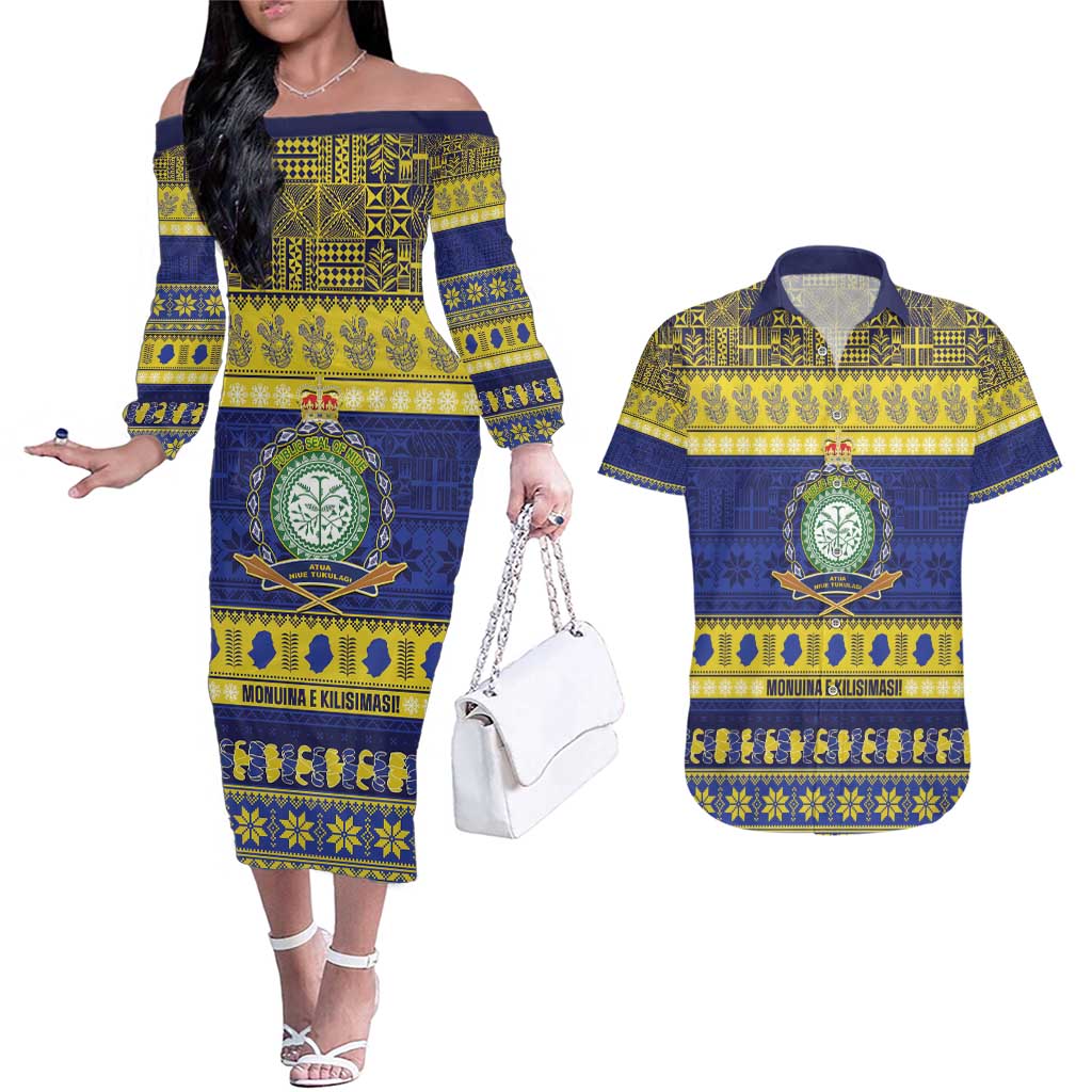 Niue Christmas Couples Matching Off The Shoulder Long Sleeve Dress and Hawaiian Shirt Monuina e Kilisimasi Hiapo Motifs LT14 Blue - Polynesian Pride