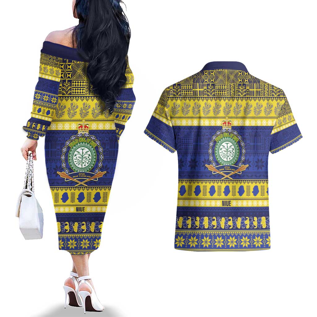 Niue Christmas Couples Matching Off The Shoulder Long Sleeve Dress and Hawaiian Shirt Monuina e Kilisimasi Hiapo Motifs LT14 - Polynesian Pride