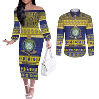 Niue Christmas Couples Matching Off The Shoulder Long Sleeve Dress and Long Sleeve Button Shirt Monuina e Kilisimasi Hiapo Motifs LT14 Blue - Polynesian Pride