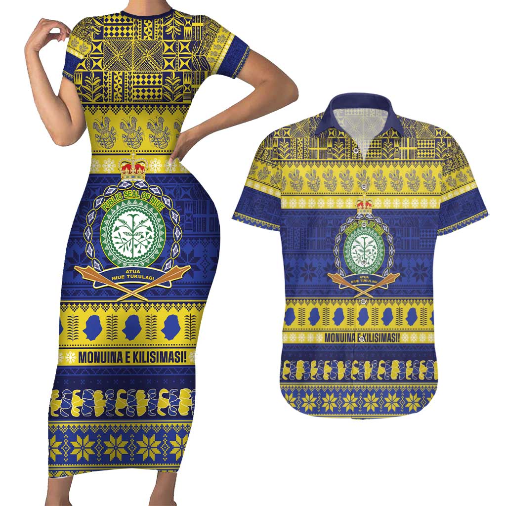 Niue Christmas Couples Matching Short Sleeve Bodycon Dress and Hawaiian Shirt Monuina e Kilisimasi Hiapo Motifs LT14 Blue - Polynesian Pride