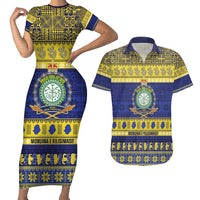Niue Christmas Couples Matching Short Sleeve Bodycon Dress and Hawaiian Shirt Monuina e Kilisimasi Hiapo Motifs LT14 Blue - Polynesian Pride