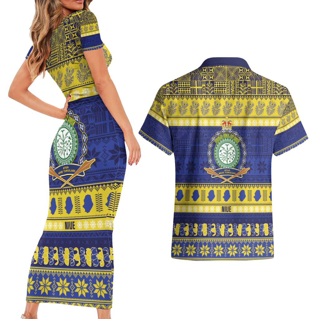 Niue Christmas Couples Matching Short Sleeve Bodycon Dress and Hawaiian Shirt Monuina e Kilisimasi Hiapo Motifs LT14 - Polynesian Pride