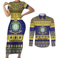 Niue Christmas Couples Matching Short Sleeve Bodycon Dress and Long Sleeve Button Shirt Monuina e Kilisimasi Hiapo Motifs LT14 Blue - Polynesian Pride