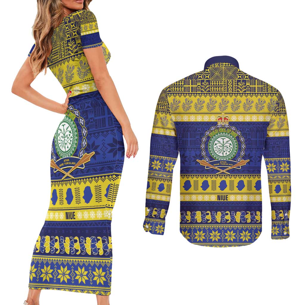 Niue Christmas Couples Matching Short Sleeve Bodycon Dress and Long Sleeve Button Shirt Monuina e Kilisimasi Hiapo Motifs LT14 - Polynesian Pride