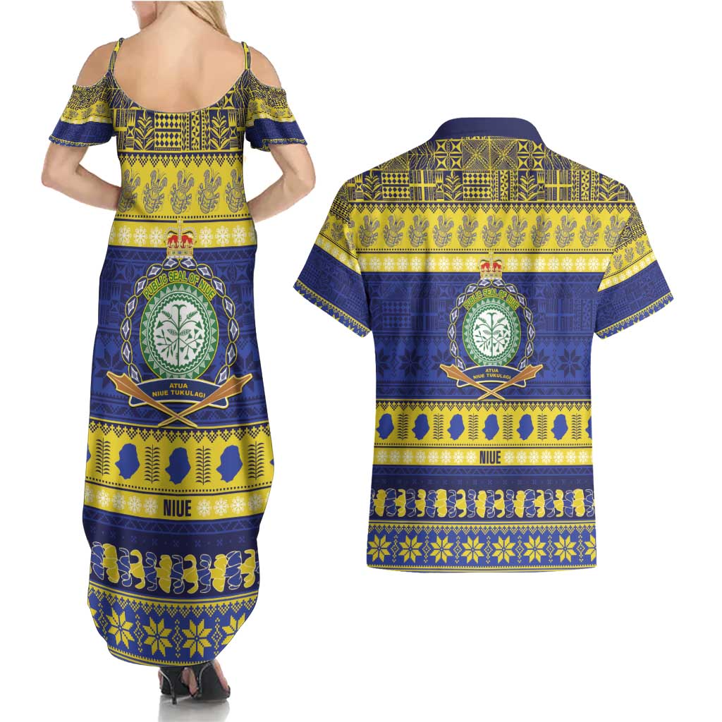 Niue Christmas Couples Matching Summer Maxi Dress and Hawaiian Shirt Monuina e Kilisimasi Hiapo Motifs LT14 - Polynesian Pride