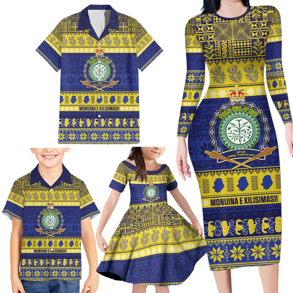 Niue Christmas Family Matching Long Sleeve Bodycon Dress and Hawaiian Shirt Monuina e Kilisimasi Hiapo Motifs LT14 - Polynesian Pride