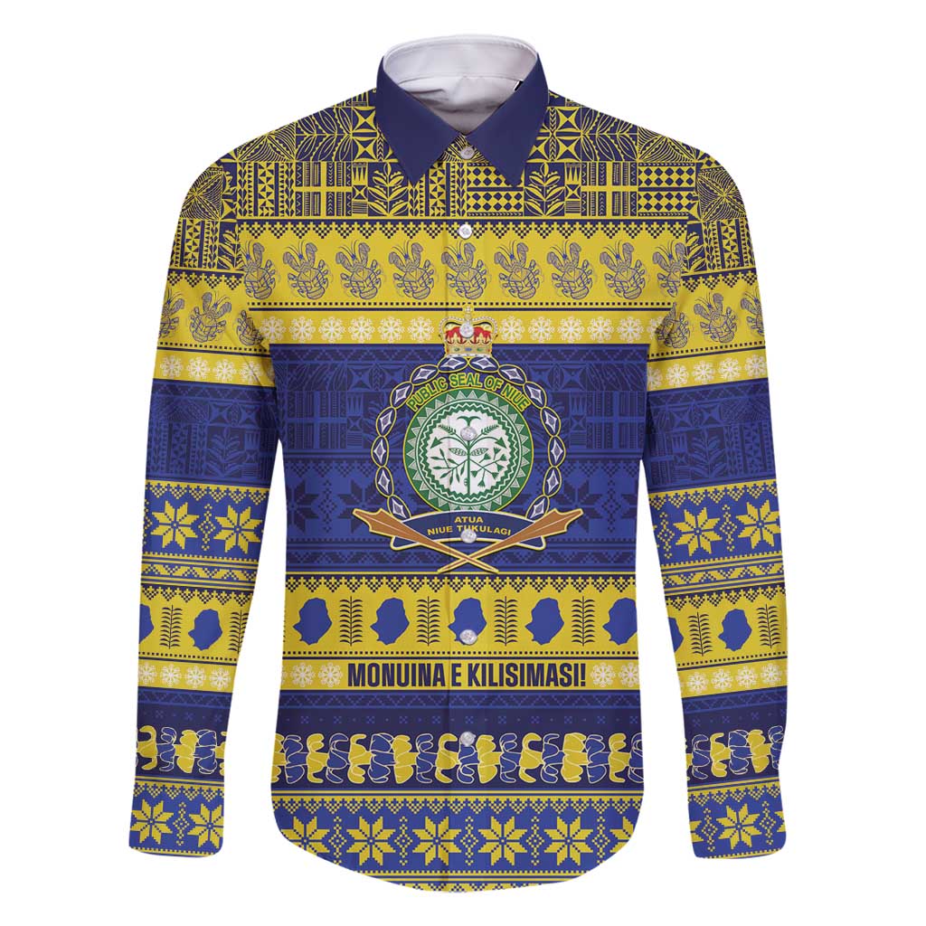 Niue Christmas Family Matching Long Sleeve Bodycon Dress and Hawaiian Shirt Monuina e Kilisimasi Hiapo Motifs LT14 Dad's Shirt - Long Sleeve Blue - Polynesian Pride