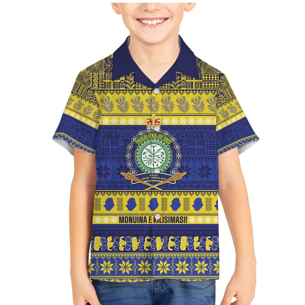Niue Christmas Family Matching Mermaid Dress and Hawaiian Shirt Monuina e Kilisimasi Hiapo Motifs LT14 Son's Shirt Blue - Polynesian Pride