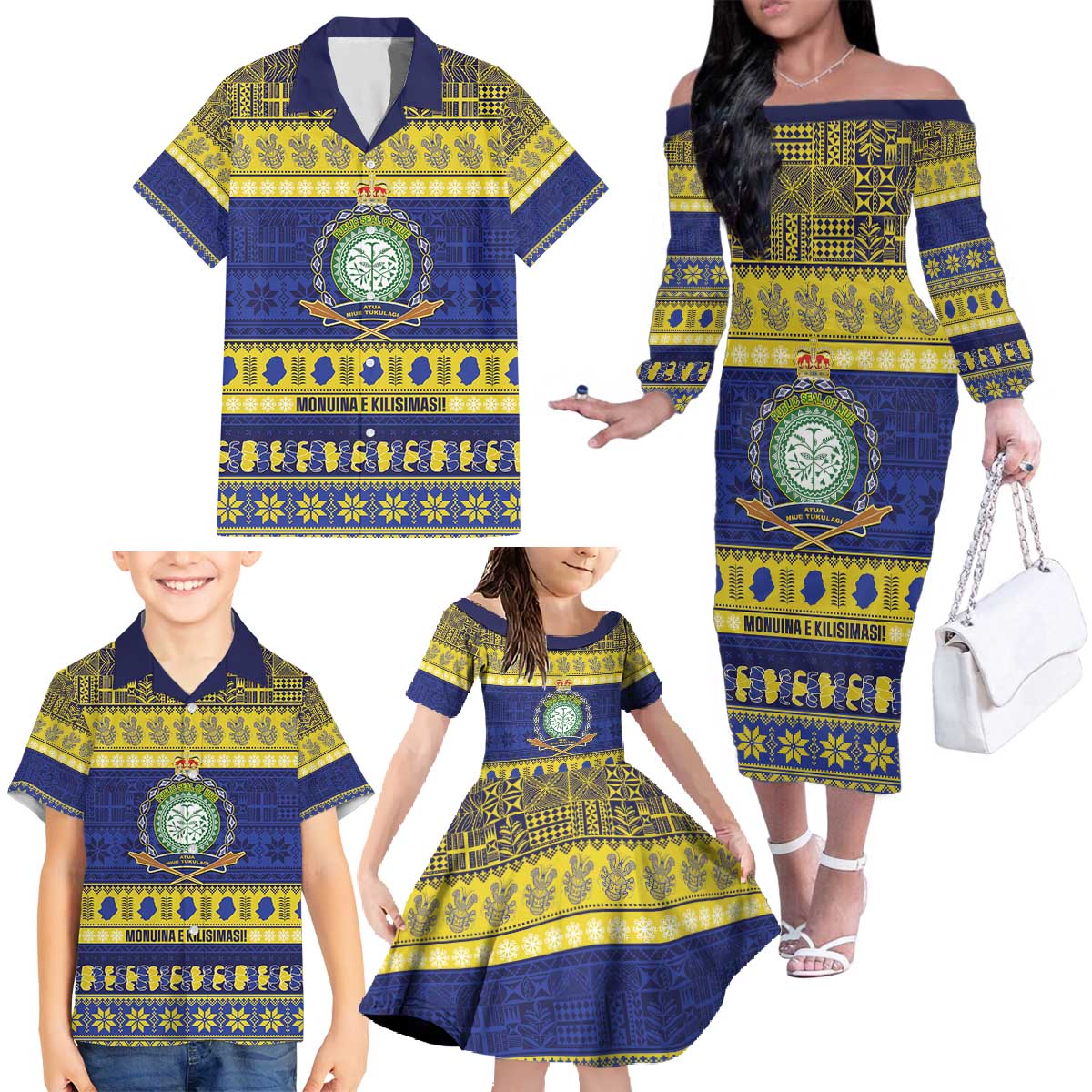 Niue Christmas Family Matching Off The Shoulder Long Sleeve Dress and Hawaiian Shirt Monuina e Kilisimasi Hiapo Motifs LT14 - Polynesian Pride