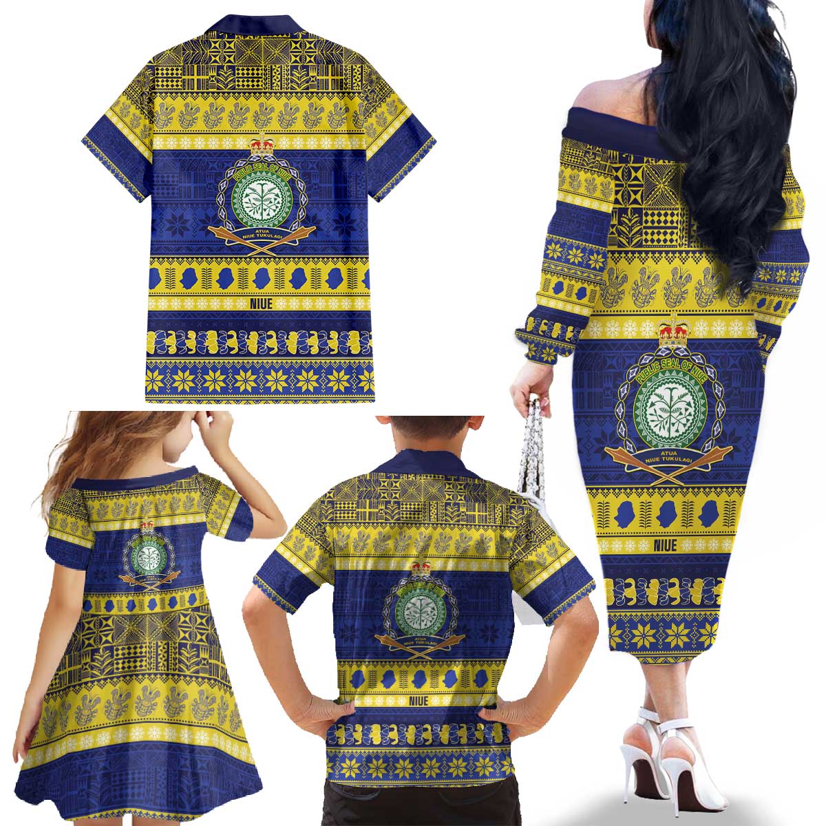Niue Christmas Family Matching Off The Shoulder Long Sleeve Dress and Hawaiian Shirt Monuina e Kilisimasi Hiapo Motifs LT14 - Polynesian Pride
