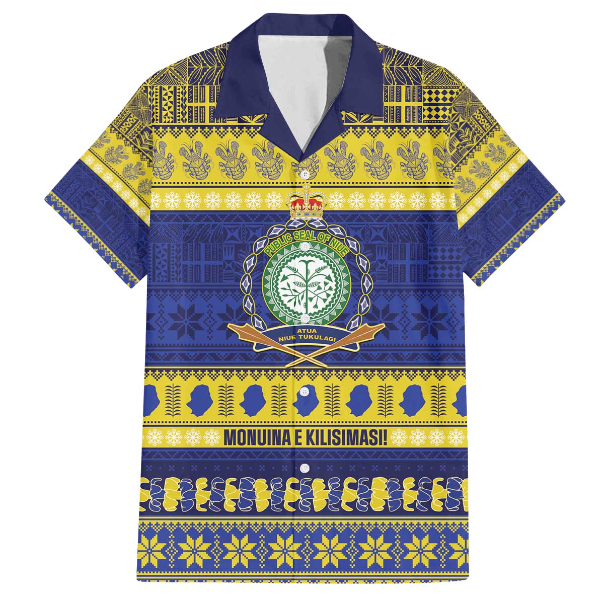 Niue Christmas Family Matching Off The Shoulder Long Sleeve Dress and Hawaiian Shirt Monuina e Kilisimasi Hiapo Motifs LT14 Dad's Shirt - Short Sleeve Blue - Polynesian Pride