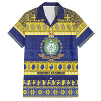 Niue Christmas Family Matching Off The Shoulder Long Sleeve Dress and Hawaiian Shirt Monuina e Kilisimasi Hiapo Motifs LT14 Dad's Shirt - Short Sleeve Blue - Polynesian Pride