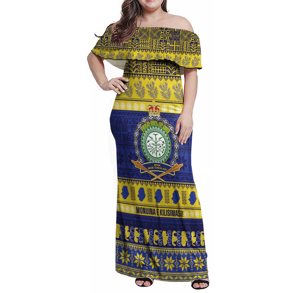 Niue Christmas Family Matching Off Shoulder Maxi Dress and Hawaiian Shirt Monuina e Kilisimasi Hiapo Motifs LT14 Mom's Dress Blue - Polynesian Pride
