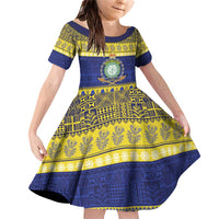 Niue Christmas Family Matching Off Shoulder Short Dress and Hawaiian Shirt Monuina e Kilisimasi Hiapo Motifs LT14 Daughter's Dress Blue - Polynesian Pride