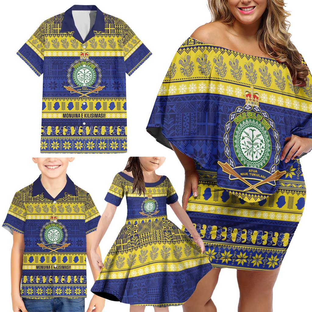Niue Christmas Family Matching Off Shoulder Short Dress and Hawaiian Shirt Monuina e Kilisimasi Hiapo Motifs - Polynesian Pride