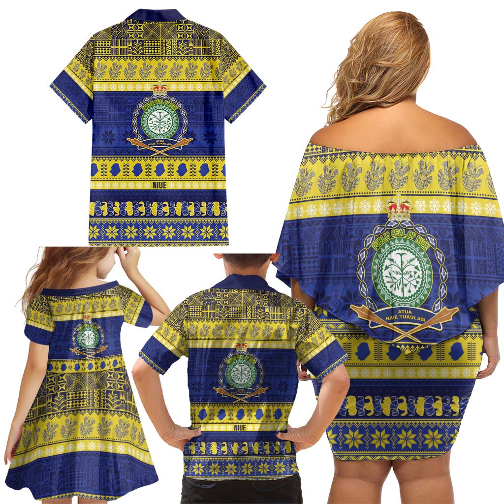 Niue Christmas Family Matching Off Shoulder Short Dress and Hawaiian Shirt Monuina e Kilisimasi Hiapo Motifs LT14 - Polynesian Pride