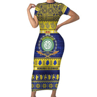 Niue Christmas Family Matching Short Sleeve Bodycon Dress and Hawaiian Shirt Monuina e Kilisimasi Hiapo Motifs LT14 Mom's Dress Blue - Polynesian Pride
