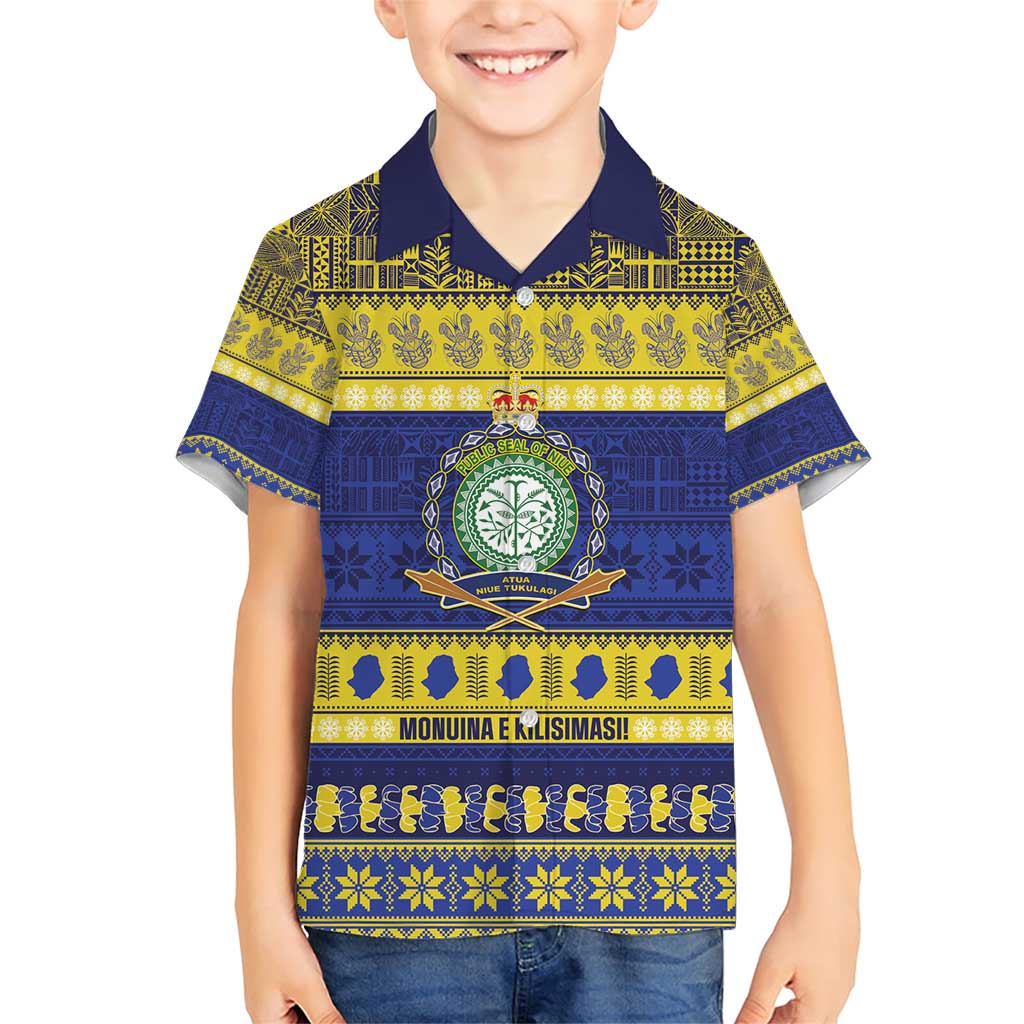 Niue Christmas Family Matching Short Sleeve Bodycon Dress and Hawaiian Shirt Monuina e Kilisimasi Hiapo Motifs LT14 Son's Shirt Blue - Polynesian Pride
