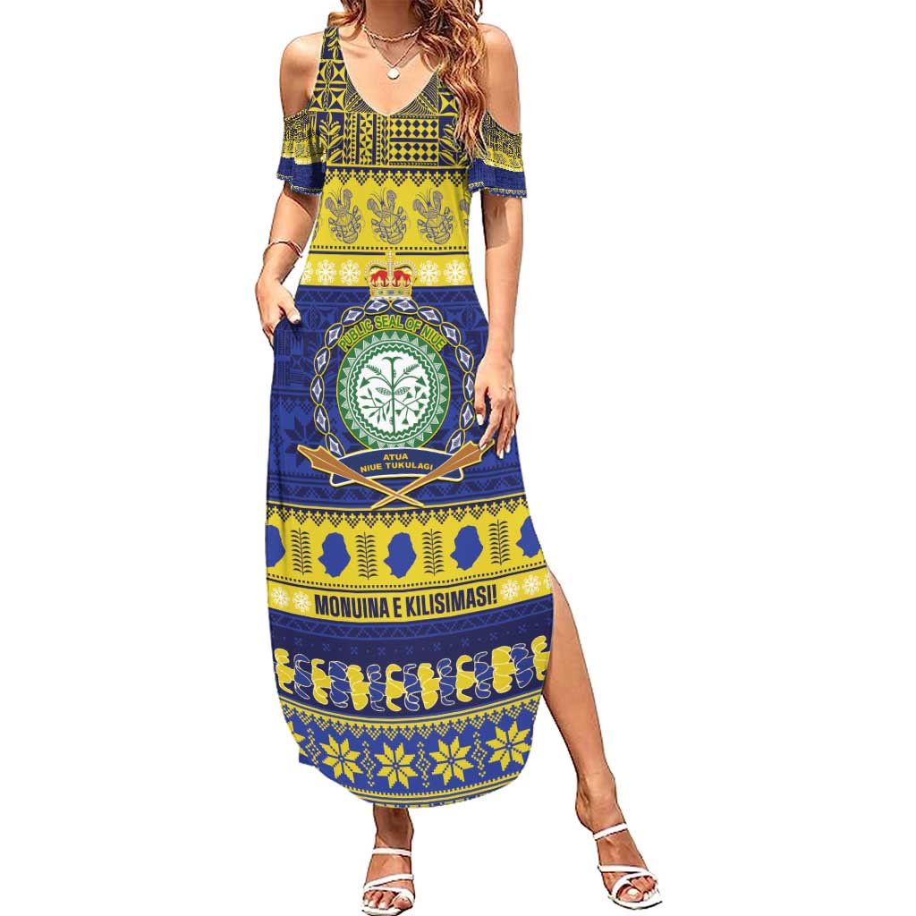 Niue Christmas Family Matching Summer Maxi Dress and Hawaiian Shirt Monuina e Kilisimasi Hiapo Motifs LT14 Mom's Dress Blue - Polynesian Pride
