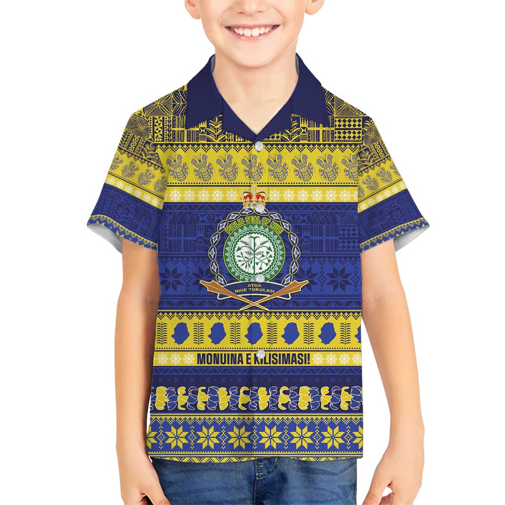 Niue Christmas Family Matching Summer Maxi Dress and Hawaiian Shirt Monuina e Kilisimasi Hiapo Motifs LT14 Son's Shirt Blue - Polynesian Pride