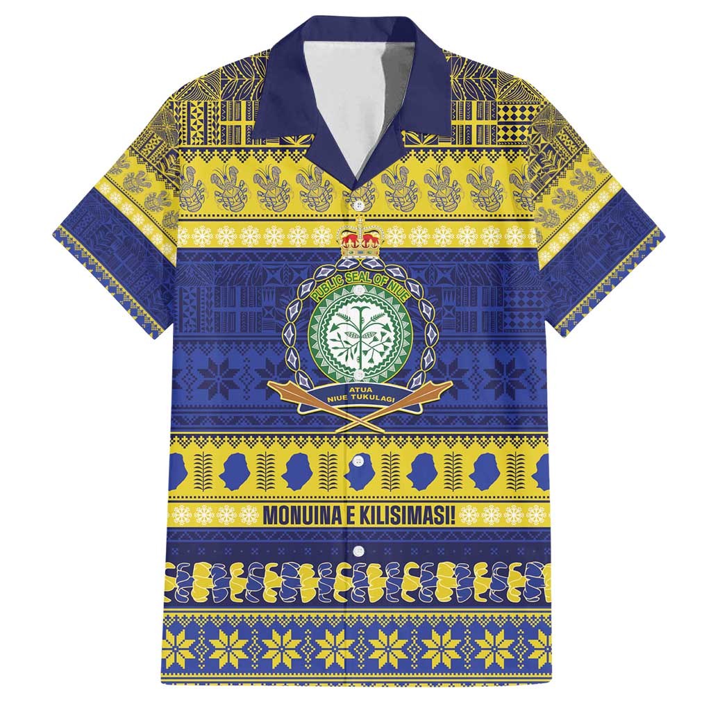 Niue Christmas Family Matching Tank Maxi Dress and Hawaiian Shirt Monuina e Kilisimasi Hiapo Motifs LT14 Dad's Shirt - Short Sleeve Blue - Polynesian Pride
